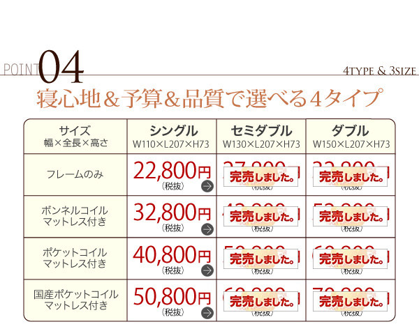 寝心地&予算&品質で選べる4タイプ